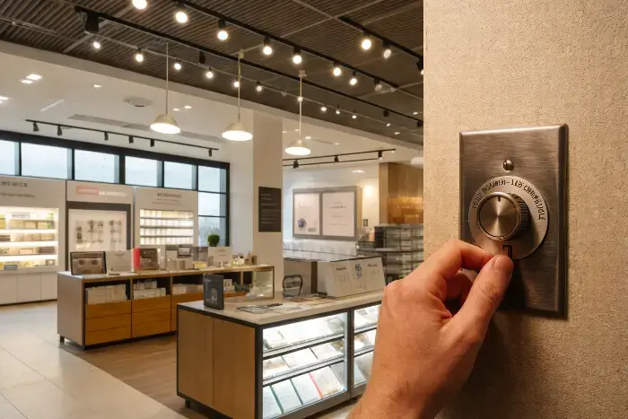 A hand turns the knob on a metallic wall-mounted LED dimmer switch in a modern retail store with illuminated shelves and overhead pendant lights.
