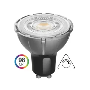 Close-up view of a GU10 LED spotlight bulb with a black base, warm white LED emitter, 98 CRI rating badge, and dimmable symbol for accessibility.
