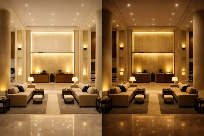 Side-by-side view of a luxurious hotel lobby: the left side features bright cool white lighting, while the right side displays warm ambient yellow tones, highlighting sofas, reception desk, columns, and polished marble floors.