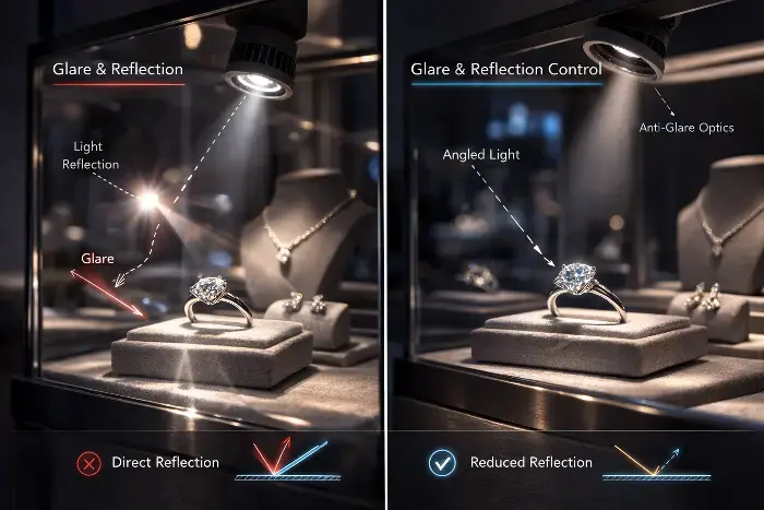 Side-by-side comparison of a jewelry display: the left shows direct lighting causing glare and reflections on a diamond ring and necklace, while the right demonstrates angled anti-glare optics reducing reflections.