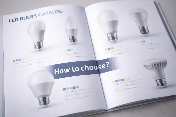 Open catalog displaying various LED light bulbs in shapes like standard, candle, and spotlight, with color options and how-to-choose section.
