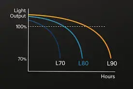 Line graph showing light output percentage decreasing over hours for L70, L80, and L90 curves, starting at 100% and dropping to 70%, 80%, and 90% respectively.