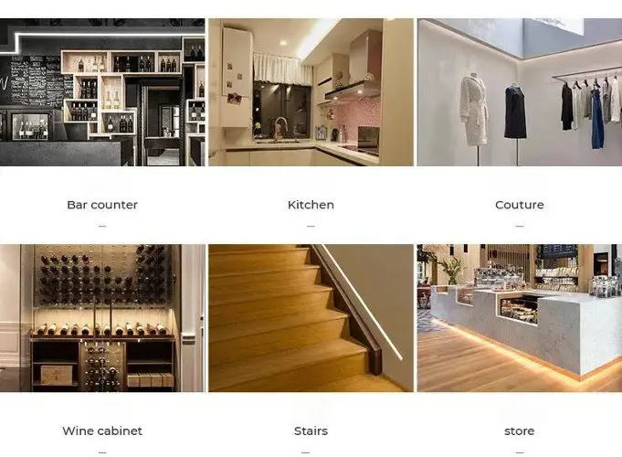Grid of six interior photos showing LED lighting in modern spaces: bar counter with shelves, kitchen cabinets, clothing store racks, wine cabinet, illuminated stairs, and retail counter.