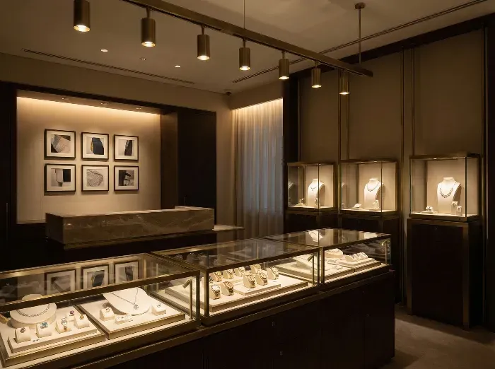 Modern jewelry boutique interior with glass display cases showcasing necklaces, rings, and earrings under warm pendant lighting and elegant wooden accents.
