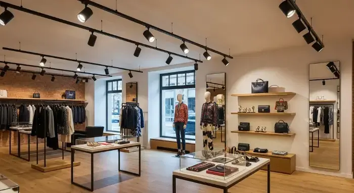 Brightly lit modern boutique interior with clothing racks, mannequins in stylish outfits, handbag shelves, large windows, wooden floors, and track lighting.