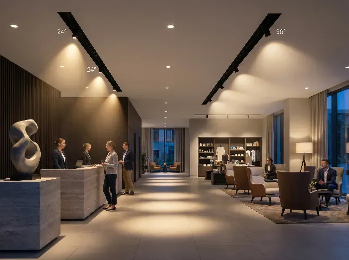 Spacious modern hotel lobby with reception desk, staff assisting guests, abstract sculpture, seating areas, and warm ambient lighting from ceiling tracks.