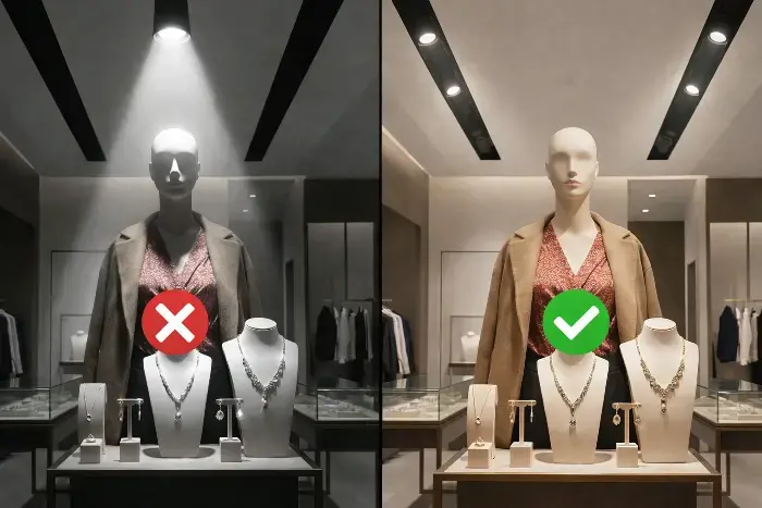 Split-view image showing poor spotlighting on the left with a red X and effective even lighting on the right with a green check in a clothing store with mannequins and jewelry displays.
