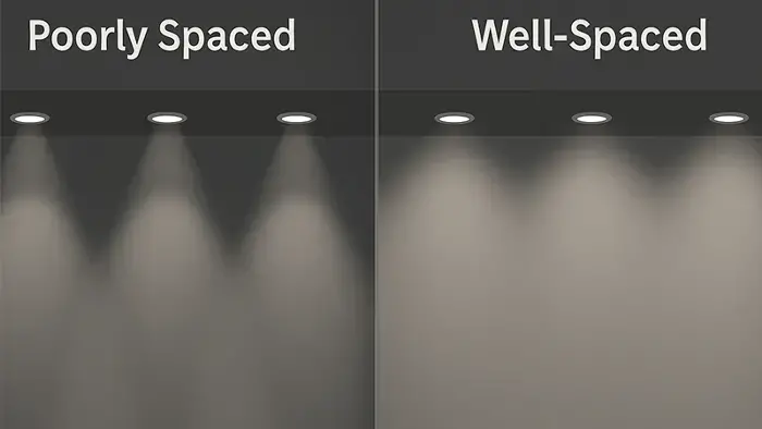 Split image showing poorly spaced recessed ceiling lights on the left creating uneven beams and shadows, contrasted with well-spaced lights on the right for uniform illumination.