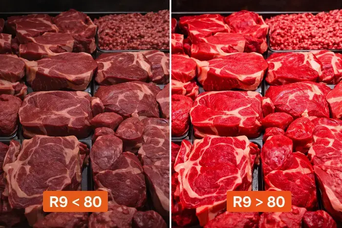 Side-by-side view of raw beef cuts in a butcher display case under low R9 lighting on the left showing dull brownish tones versus high R9 lighting on the right with vibrant red hues.