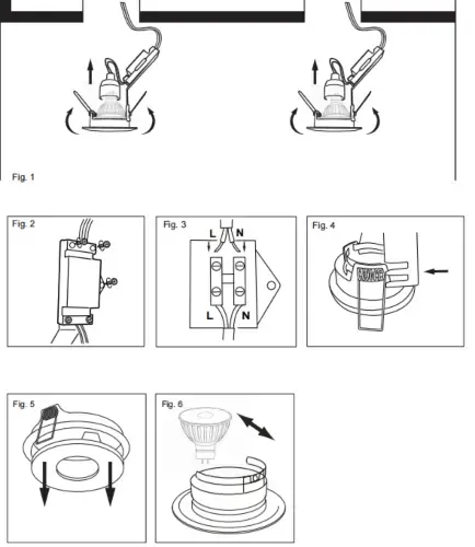 Technical diagram showing steps for installing a recessed ceiling light, including cutouts, wiring connections, and spring clip securing mechanisms.