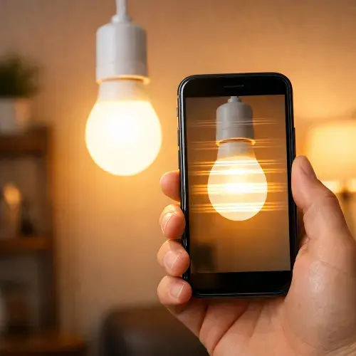 A hand holds a black smartphone displaying a glowing LED bulb on its screen, while two hanging white lamps emit warm light in a cozy room with plants and shelves.