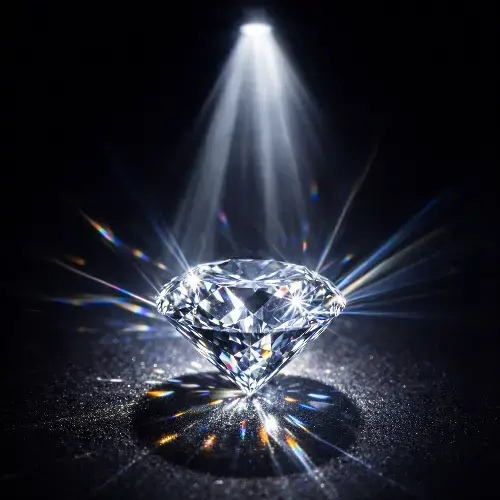 A faceted diamond gem sparkles brilliantly under a focused spotlight on a dark background, with light rays and colorful refractions creating a radiant halo around it.