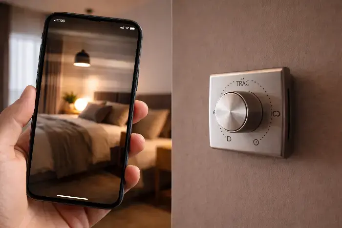 Split image of a hand holding an iPhone showing a cozy bedroom reflection with bed and lamp, alongside a wall-mounted rotary control dial labeled Trac.
