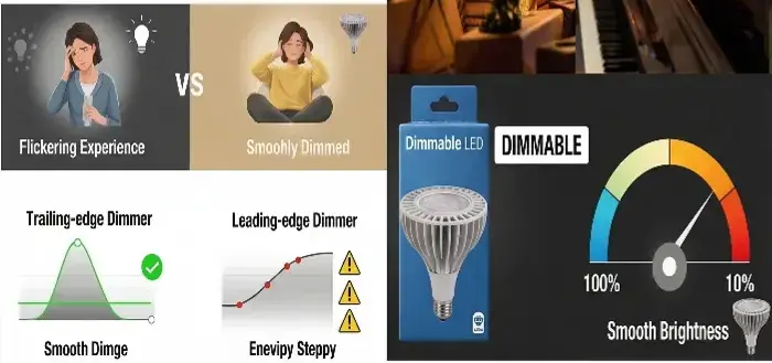 Infographic comparing trailing edge and leading edge dimmers with dimmable LED lights, illustrating smooth dimming versus flickering experiences for better lighting control.