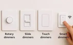 White wall mounted with four dimmer switches: a rotary knob on the left, a slide dimmer, a touch panel, and a smart WiFi-enabled switch with a finger interacting.