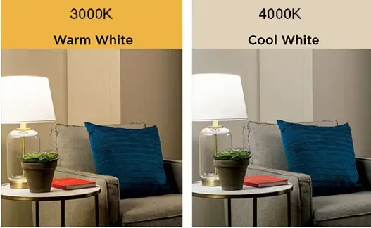 Side-by-side view of warm white 3000K lighting on the left and cool white 4000K on the right, both illuminating a table with a lamp, plant vase, book, and adjacent chair with a blue cushion.