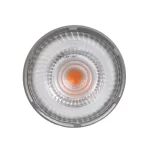Close-up of a circular LED spotlight bulb with a glowing orange center, frosted glass diffuser, and metallic silver rim for modern lighting applications.