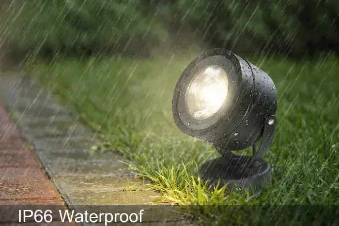 Black outdoor spotlight shining brightly in heavy rain on a grassy garden path, with water droplets on the fixture demonstrating its waterproof durability.