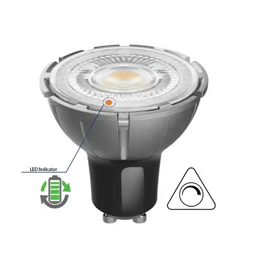 Close-up of a GU10 LED bulb with orange LED indicator dot, recycling symbol, and rotation icon for energy-efficient home lighting.