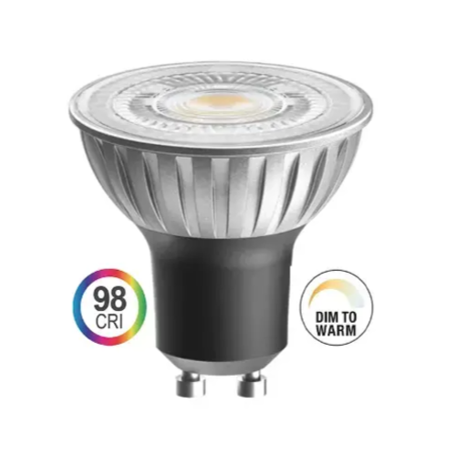 Close-up of a GU10 LED reflector bulb with warm white glow, silver housing, two-pin base, 98 CRI label, and dim-to-warm indicator for versatile lighting.