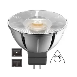 Silver GU10 LED bulb with warm yellow emitter, mounted base, 10-degree beam angle indicator, and dimmable symbol for adjustable lighting control.