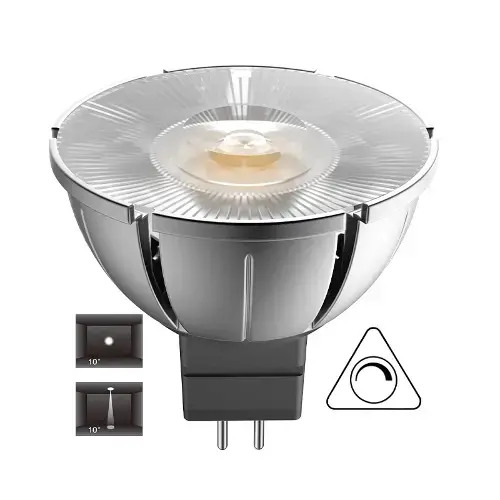 Silver GU10 LED bulb with warm yellow emitter, mounted base, 10-degree beam angle indicator, and dimmable symbol for adjustable lighting control.