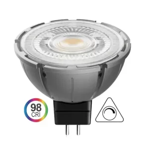 Close-up of a silver GU10 LED spotlight bulb emitting warm yellow light, labeled with 98 CRI rating and dimmable symbol for adjustable brightness.