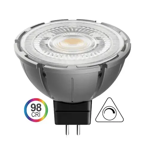Close-up of a silver GU10 LED spotlight bulb emitting warm yellow light, labeled with 98 CRI rating and dimmable symbol for adjustable brightness.