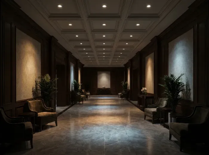 Long elegant corridor with dark wooden paneling, recessed ceiling lights, reflective marble floor, potted plants, armchairs, and abstract paintings leading to reception area.