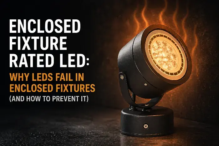 Black spotlight LED fixture glowing with warm light on dark background, surrounded by heat waves, with text overlay explaining why LEDs fail in enclosed fixtures and prevention tips.