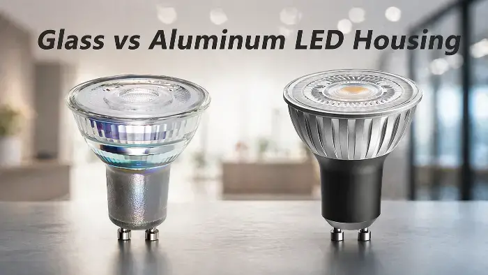 Side-by-side comparison of transparent glass LED bulb and metallic aluminum LED bulb on dark surface with blurred modern indoor background.