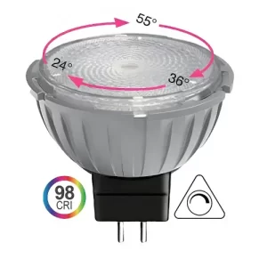 Silver GU10 LED reflector bulb with clear lens, pink arrows marking 24, 36, and 55 degree beam angles, plus 98 CRI rating for color accuracy.