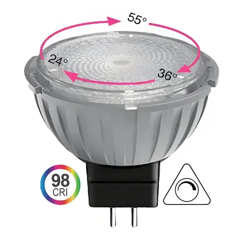 Silver GU10 LED reflector bulb with clear lens, pink arrows marking 24, 36, and 55 degree beam angles, plus 98 CRI rating for color accuracy.