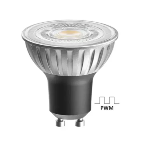 Close-up of a GU10 LED spotlight bulb with silver reflector, warm white emitter, black base, and PWM dimming label for accessibility.