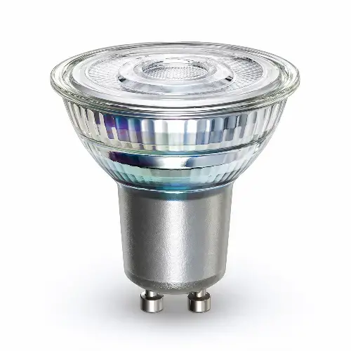 Clear glass GU10 spotlight bulb with prismatic internal reflector and silver two-pin base for secure fixture connection.