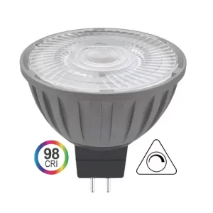 Close-up of a GU10 LED bulb with white frosted LED surface, gray base, 98 CRI rainbow label, and dimmable symbol for accessibility.