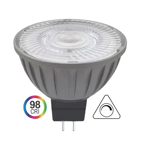 Close-up of a GU10 LED bulb with white frosted LED surface, gray base, 98 CRI rainbow label, and dimmable symbol for accessibility.