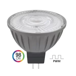 Close-up of a GU10 LED bulb with frosted white diffuser, gray body, 98 CRI label, and PWM dimming indicator for high-quality lighting.