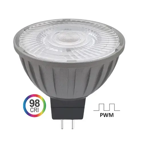 Close-up of a GU10 LED bulb with frosted white diffuser, gray body, 98 CRI label, and PWM dimming indicator for high-quality lighting.