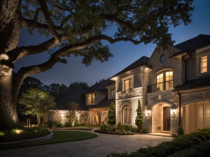 Grand stone house at dusk, framed by large oak tree branches, with warm interior lights, manicured gardens, and curved stone driveway.