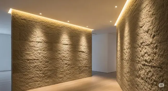 A contemporary hallway with textured stone walls illuminated by warm LED strips along the ceiling edges and floor level, featuring a polished wooden floor.