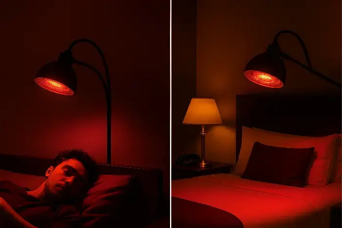 Split image of a man asleep in bed under warm red lamp light on the left, contrasted with a softly lit bedroom scene on the right using a table lamp.