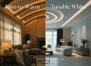 Side-by-side comparison of living rooms: left side shows warm dimmable LED lights along wooden beams in a cozy traditional space; right side features tunable white LED strips in a modern minimalist interior.