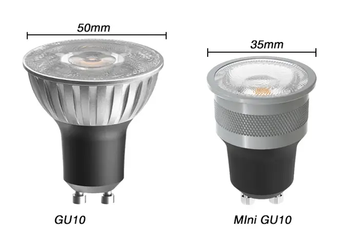 Side-by-side image of standard 50mm GU10 LED bulb and compact 35mm mini GU10 LED bulb with silver reflectors and black bases.