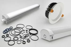 Various LED lighting fixtures and disassembled components including linear lights, circular downlights, and hardware parts on a white background.