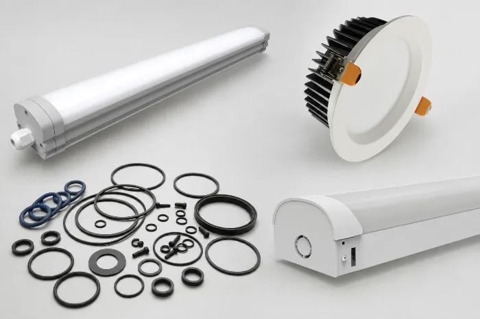 Various LED lighting fixtures and disassembled components including linear lights, circular downlights, and hardware parts on a white background.