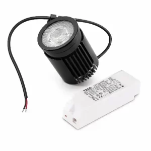 Black LED spotlight with ribbed heatsink and clear lens next to white TECO power supply driver on white background.