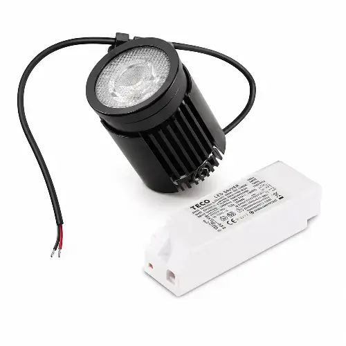 Black LED spotlight with ribbed heatsink and clear lens next to white TECO power supply driver on white background.