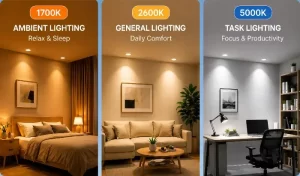 The image displays three rooms with different lighting color temperatures: 1700K warm bedroom, 2600K neutral living room, and 5000K cool office.