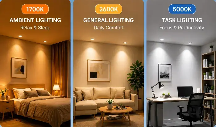 The image displays three rooms with different lighting color temperatures: 1700K warm bedroom, 2600K neutral living room, and 5000K cool office.